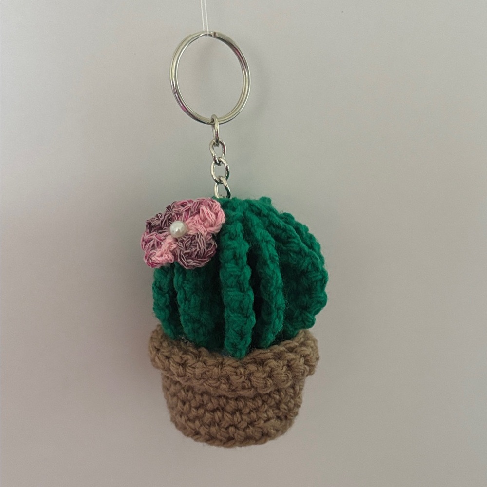 Crochet Cactus Keychain with Pink Flower